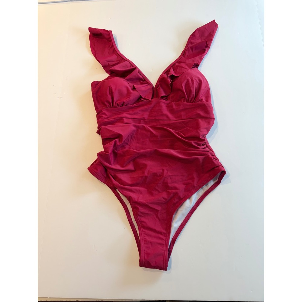 Wildbreath Womens Ruffle V-Neck‎ Ruching Cutout One Piece Swimsuit Burgundy M
